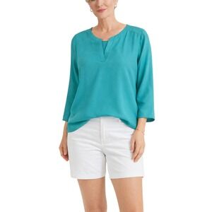 Chaus New York Women XL Teal Blue Split Neck 3/4 Sleeve Blouse Top